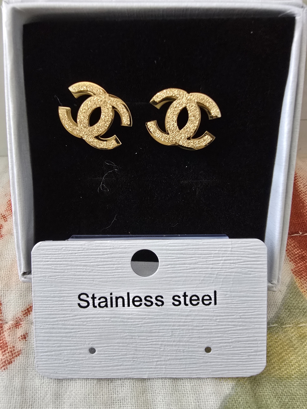 Gold Double C Logo Stud Earrings - Stainless Steel